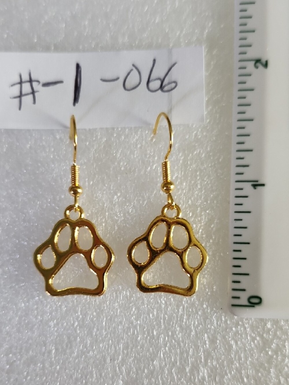 Hand Crafted Gold Paw Print Dangle Earrings - Picture 2 of 3